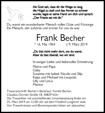 Anzeige von Frank Becher von Kölner Stadt-Anzeiger / Kölnische Rundschau / Express