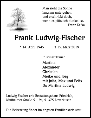 Anzeige von Frank Ludwig-Fischer von Kölner Stadt-Anzeiger / Kölnische Rundschau / Express
