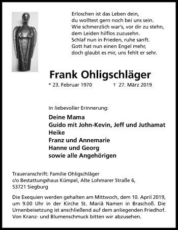 Anzeige von Frank Ohligschläger von Kölner Stadt-Anzeiger / Kölnische Rundschau / Express