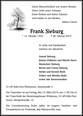 Anzeige von Frank Sieburg von Kölner Stadt-Anzeiger / Kölnische Rundschau / Express