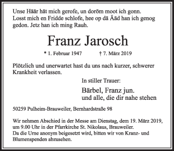 Anzeige von Franz Jarosch von  Sonntags-Post 