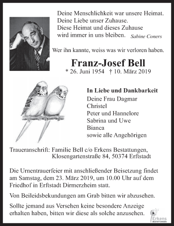 Anzeige von Franz-Josef Bell von  Werbepost 