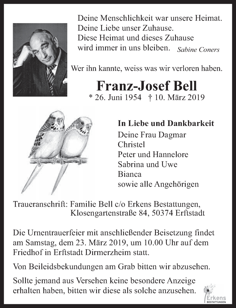  Traueranzeige für Franz-Josef Bell vom 20.03.2019 aus  Werbepost 