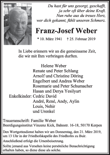 Anzeige von Franz-Josef Weber von  Sonntags-Post 