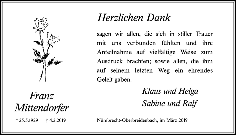  Traueranzeige für Franz Mittendorfer vom 20.03.2019 aus  Lokalanzeiger 