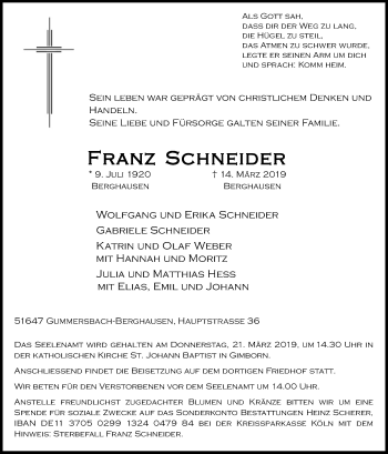 Anzeige von Franz Schneider von Kölner Stadt-Anzeiger / Kölnische Rundschau / Express