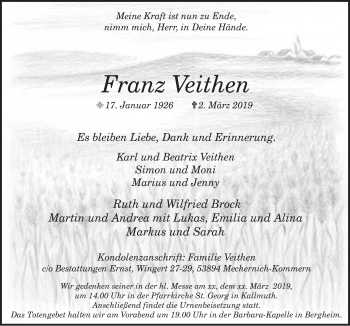 Anzeige von Franz Veithen von  Blickpunkt Euskirchen 