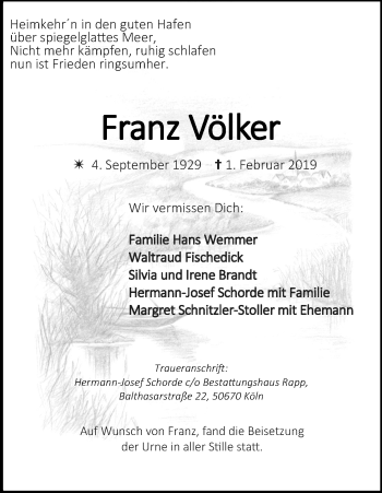 Anzeige von Franz Völker von Kölner Stadt-Anzeiger / Kölnische Rundschau / Express