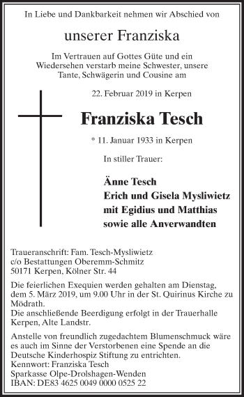 Anzeige von Franziska Tesch von  Sonntags-Post 