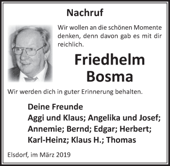 Anzeige von Friedhelm Bosma von  Sonntags-Post 