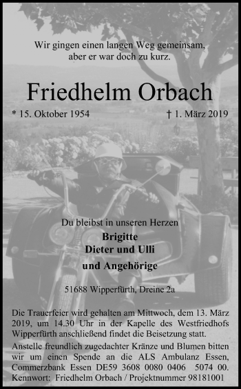 Anzeige von Friedhelm Orbach von Kölner Stadt-Anzeiger / Kölnische Rundschau / Express