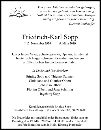 Anzeige von Friedrich-Karl Sopp von Kölner Stadt-Anzeiger / Kölnische Rundschau / Express
