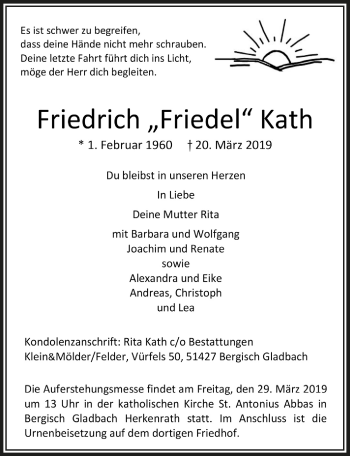 Anzeige von Friedrich  Kath von  Bergisches Handelsblatt 