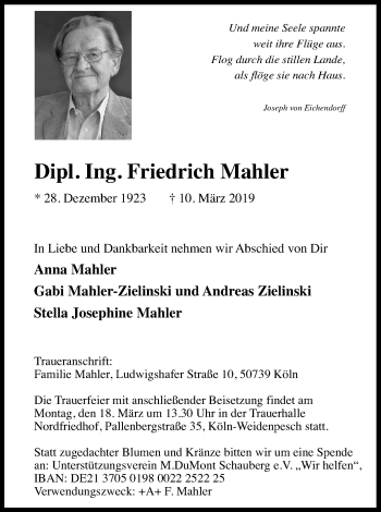 Anzeige von Friedrich Mahler von Kölner Stadt-Anzeiger / Kölnische Rundschau / Express