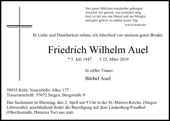 Anzeige von Friedrich Wilhelm Auel von Kölner Stadt-Anzeiger / Kölnische Rundschau / Express