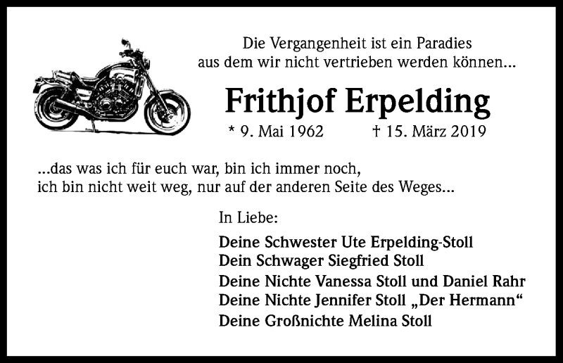  Traueranzeige für Frithjof Erpelding vom 23.03.2019 aus Kölner Stadt-Anzeiger / Kölnische Rundschau / Express