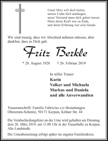 Anzeige von Fritz Berkle von  Sonntags-Post 