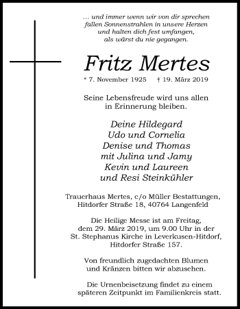 Anzeige von Fritz Mertes von Kölner Stadt-Anzeiger / Kölnische Rundschau / Express