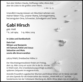 Anzeige von Gabi Hirsch von Kölner Stadt-Anzeiger / Kölnische Rundschau / Express