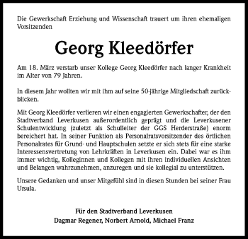 Anzeige von Georg Kleedörfer von Kölner Stadt-Anzeiger / Kölnische Rundschau / Express
