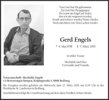 Anzeige von Gerd Engels von Kölner Stadt-Anzeiger / Kölnische Rundschau / Express