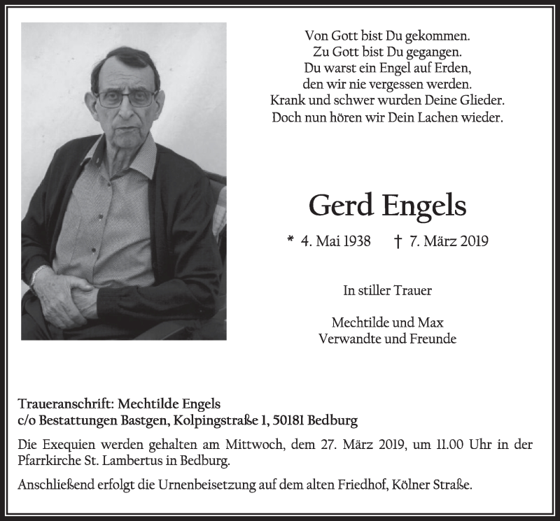  Traueranzeige für Gerd Engels vom 16.03.2019 aus  Sonntags-Post 