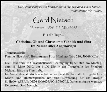 Anzeige von Gerd Nietsch von Kölner Stadt-Anzeiger / Kölnische Rundschau / Express