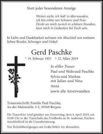 Anzeige von Gerd Paschke von  Sonntags-Post 