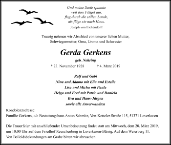 Anzeige von Gerda Gerkens von Kölner Stadt-Anzeiger / Kölnische Rundschau / Express
