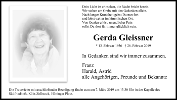 Anzeige von Gerda Gleissner von Kölner Stadt-Anzeiger / Kölnische Rundschau / Express