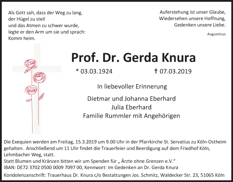  Traueranzeige für Gerda Knura vom 09.03.2019 aus Kölner Stadt-Anzeiger / Kölnische Rundschau / Express