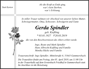 Anzeige von Gerda Spindler von Kölner Stadt-Anzeiger / Kölnische Rundschau / Express
