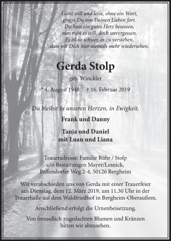 Anzeige von Gerda Stolp von  Sonntags-Post 