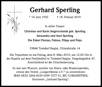 Anzeige von Gerhard Sperling von Kölner Stadt-Anzeiger / Kölnische Rundschau / Express