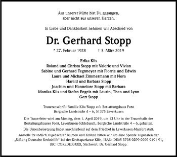 Anzeige von Gerhard Stopp von Kölner Stadt-Anzeiger / Kölnische Rundschau / Express