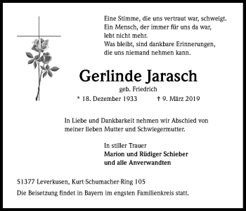 Anzeige von Gerlinde Jarasch von Kölner Stadt-Anzeiger / Kölnische Rundschau / Express
