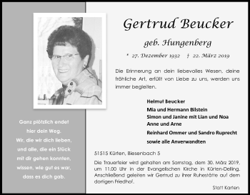 Anzeige von Gertrud Beucker von Kölner Stadt-Anzeiger / Kölnische Rundschau / Express