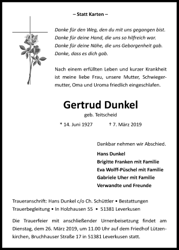 Anzeige von Gertrud Dunkel von Kölner Stadt-Anzeiger / Kölnische Rundschau / Express