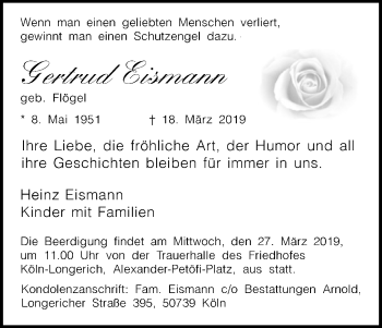 Anzeige von Gertrud Eismann von Kölner Stadt-Anzeiger / Kölnische Rundschau / Express