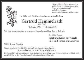 Anzeige von Gertrud Hemmelrath von  Sonntags-Post 