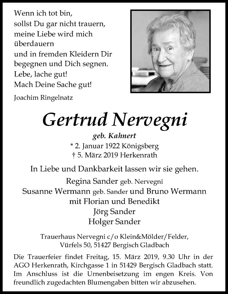  Traueranzeige für Gertrud Nervegni vom 12.03.2019 aus Kölner Stadt-Anzeiger / Kölnische Rundschau / Express