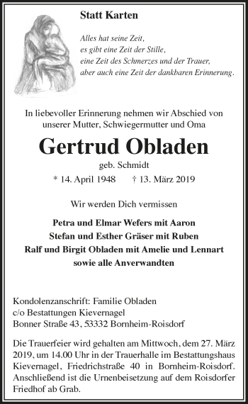 Anzeige von Gertrud Obladen von  Schaufenster/Blickpunkt 
