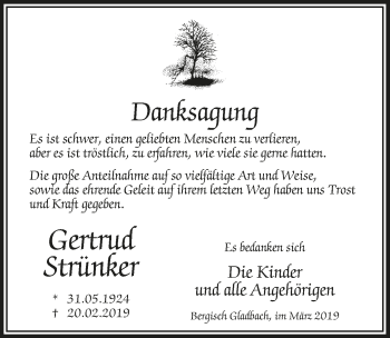 Anzeige von Gertrud Strünker von  Bergisches Handelsblatt 