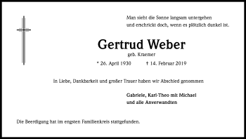 Anzeige von Gertrud Weber von Kölner Stadt-Anzeiger / Kölnische Rundschau / Express