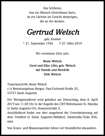 Anzeige von Gertrud Welsch von Kölner Stadt-Anzeiger / Kölnische Rundschau / Express