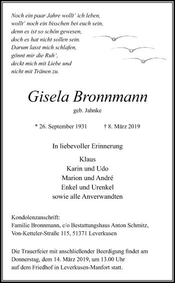 Anzeige von Gisela Bronnmann von Kölner Stadt-Anzeiger / Kölnische Rundschau / Express