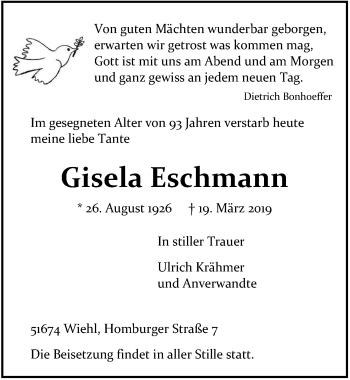 Anzeige von Gisela Eschmann von  Anzeigen Echo 