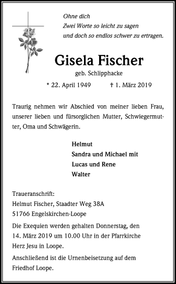 Anzeige von Gisela Fischer von Kölner Stadt-Anzeiger / Kölnische Rundschau / Express
