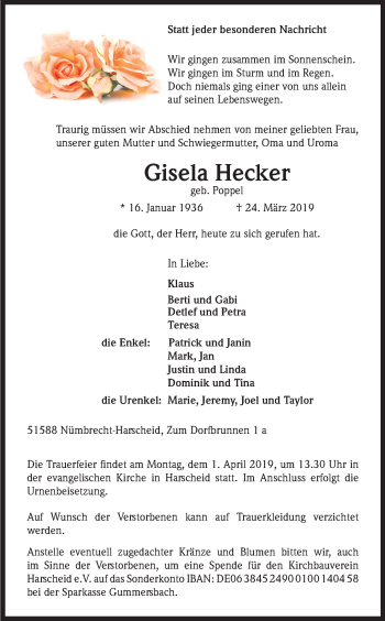 Anzeige von Gisela Hecker von Kölner Stadt-Anzeiger / Kölnische Rundschau / Express