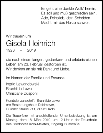Anzeige von Gisela Heinrich von Kölner Stadt-Anzeiger / Kölnische Rundschau / Express